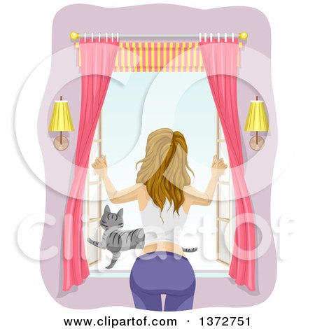 Clipart of a Rear View of a Dirty Blond White Woman Opening a Window, with Her Cat on the Pane - Royalty Free Vector Illustration by BNP Design Studio