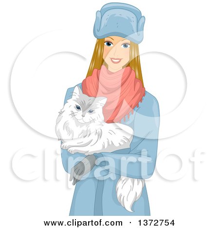Clipart of a Happy Blond White Woman Carrying a White Siberian Cat - Royalty Free Vector Illustration by BNP Design Studio