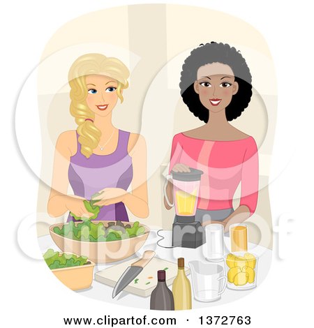 Clipart of Happy White and Black Women Making Smoothies - Royalty Free Vector Illustration by BNP Design Studio