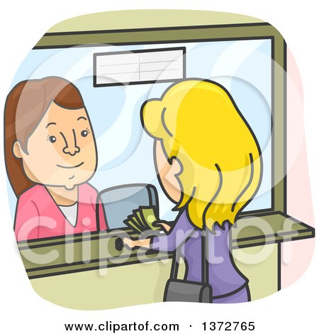 Clipart of a Cartoon White Woman at a Money Transfer Stop - Royalty Free Vector Illustration by BNP Design Studio