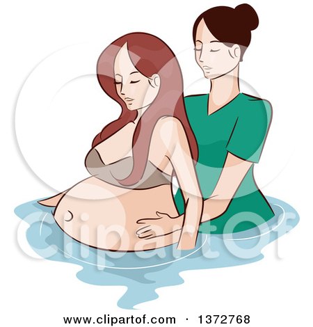 Clipart of a Sketched White Midwife Helping a Woman with Water Birth - Royalty Free Vector Illustration by BNP Design Studio