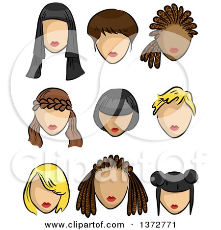 Clipart of Female Faces with Different Hairstyles - Royalty Free Vector Illustration by BNP Design Studio