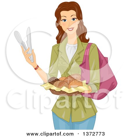 Clipart of a Brunette White Woman Holding Tongs and a Basket of Bread - Royalty Free Vector Illustration by BNP Design Studio