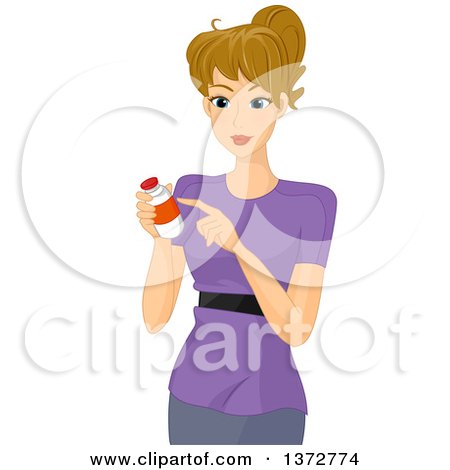 Clipart of a Blond White Woman Reading a Medicine Label - Royalty Free Vector Illustration by BNP Design Studio