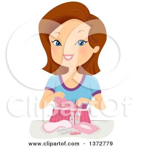 Clipart of a Brunette White Teen Girl with a Bag of Beauty Accessories - Royalty Free Vector Illustration by BNP Design Studio