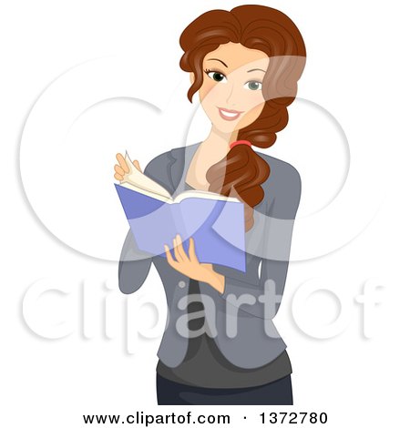 Clipart of a Brunette White Business Woman Reading a Book - Royalty Free Vector Illustration by BNP Design Studio