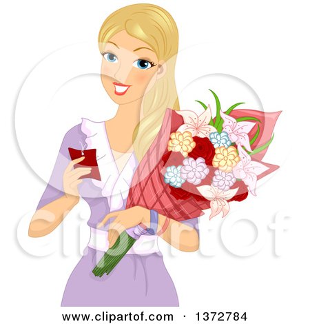Clipart of a Blond White Woman Reading a Tag and Receiving Flowers - Royalty Free Vector Illustration by BNP Design Studio