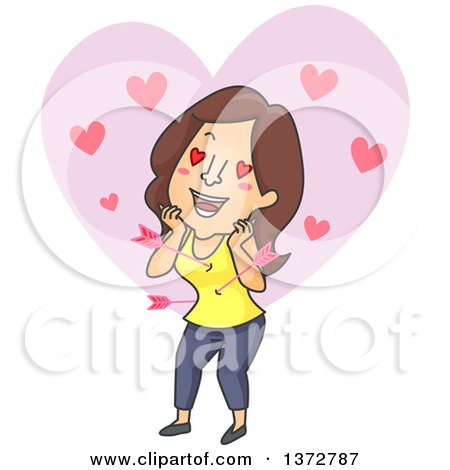 Clipart of a Brunette White Woman Being Struck with Arrows over a Love Heart - Royalty Free Vector Illustration by BNP Design Studio