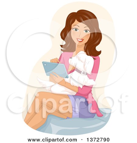 Clipart of a Brunette White Woman Sitting with a Dog in Her Lap and Using a Laptop Computer - Royalty Free Vector Illustration by BNP Design Studio