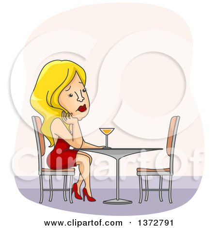 Clipart of a Sad Blond White Woman Sitting Alone at a Table - Royalty Free Vector Illustration by BNP Design Studio