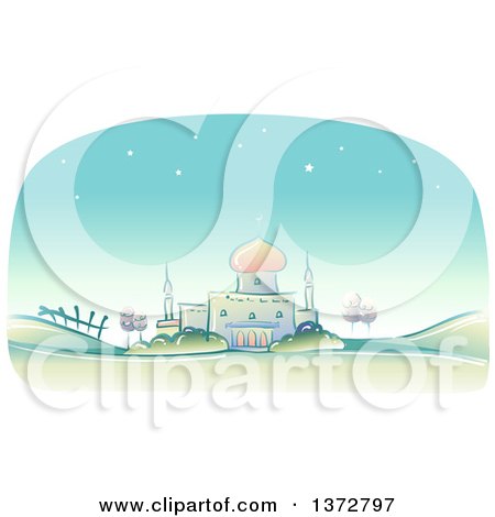 Clipart of a Sketched Landscape with a Muslim Mosque - Royalty Free Vector Illustration by BNP Design Studio