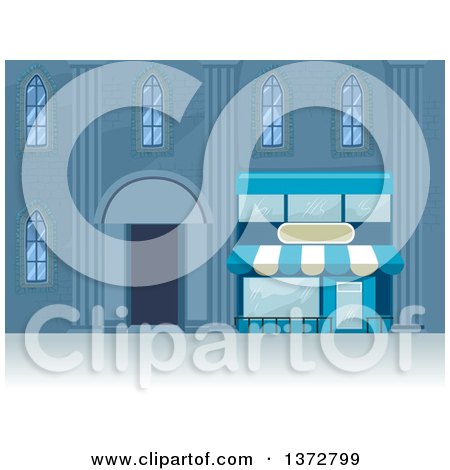 Clipart of a Blue City Building with an Awning - Royalty Free Vector Illustration by BNP Design Studio