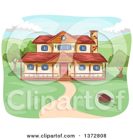 Clipart of a Path Leading to a Two Story Rural House - Royalty Free Vector Illustration by BNP Design Studio