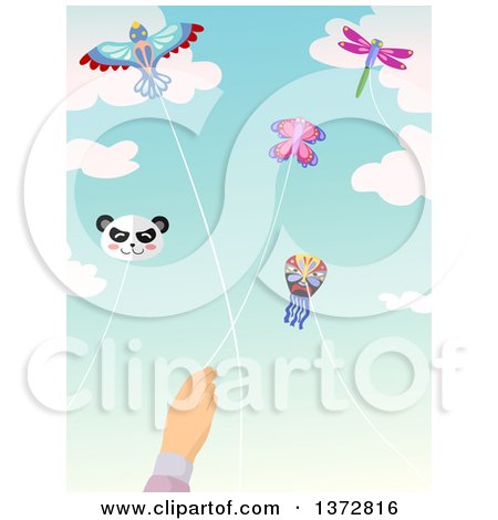 Clipart of a Caucasian Hand Flying a Butterfly Kite, with Others in the Sky - Royalty Free Vector Illustration by BNP Design Studio