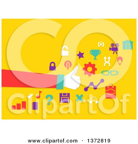 Clipart of a Hand Giving a Thumb up Around Icons on Yellow - Royalty Free Vector Illustration by BNP Design Studio