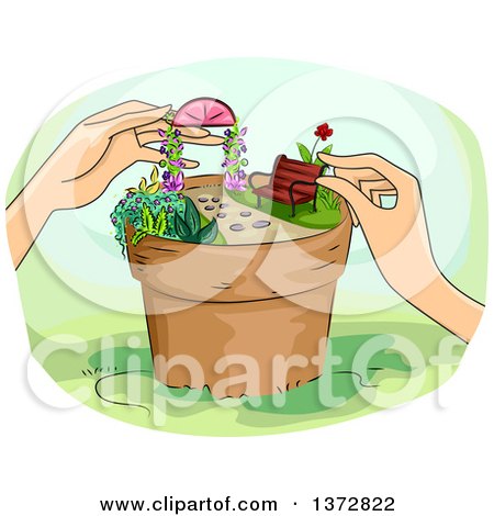 Clipart of a Woman's Hands Creating a Scene in a Garden Pot - Royalty Free Vector Illustration by BNP Design Studio