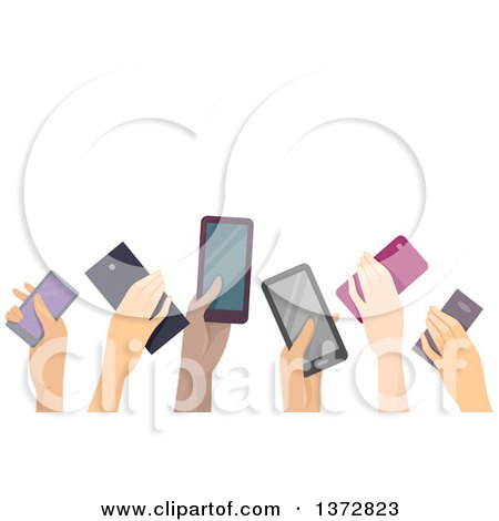 Clipart of a Group of Hands Holding up Cell Phones, with Text Space - Royalty Free Vector Illustration by BNP Design Studio