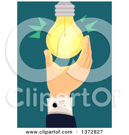 Clipart of a Business Man's Hands Screwing in a Light Bulb, over Teal - Royalty Free Vector Illustration by BNP Design Studio