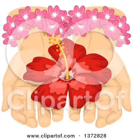 Clipart of a Pair of Hands Offering a Red Hibiscus Flower - Royalty Free Vector Illustration by BNP Design Studio