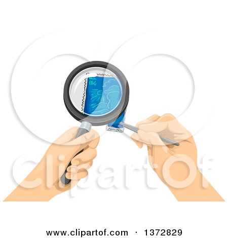 Clipart of a Collector Viewing a Stamp Through a Magnifying Glass - Royalty Free Vector Illustration by BNP Design Studio