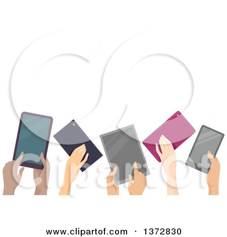 Clipart of a Group of Hands Holding up Computer Tablets, with Text Space - Royalty Free Vector Illustration by BNP Design Studio