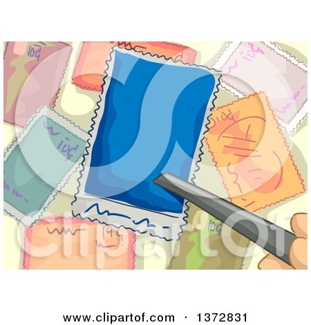 Clipart of Tweezers Picking up a Stamp - Royalty Free Vector Illustration by BNP Design Studio