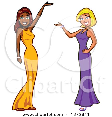 Clipart Of White And Black Female TV Show Hostesses Presenting - Royalty Free Vector Illustration by Clip Art Mascots