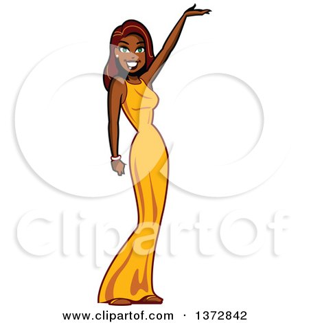 Clipart Of A Beautiful Black Female TV Show Hostess Presenting - Royalty Free Vector Illustration by Clip Art Mascots
