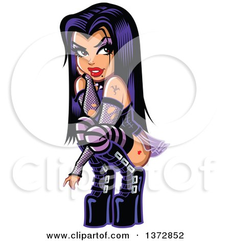 Clipart Of A Sexy Gothic Pinup Woman Crouching - Royalty Free Vector Illustration by Clip Art Mascots