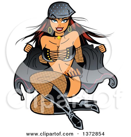 Clipart Of A Sexy Biker Girl Pinup Woman Taking Off a Jacket - Royalty Free Vector Illustration by Clip Art Mascots