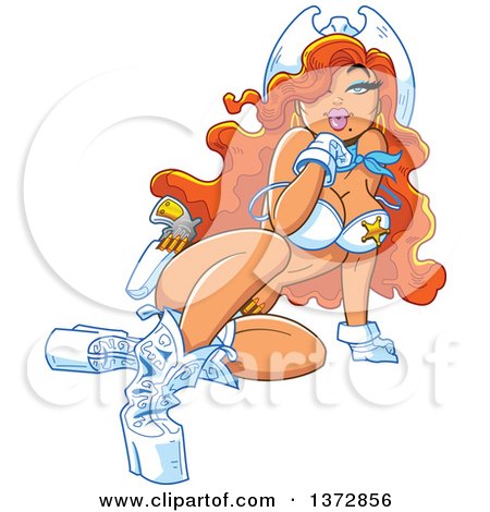 Clipart Of A Sexy Red Haired White Cowgirl Sheriff Pinup Woman - Royalty Free Vector Illustration by Clip Art Mascots