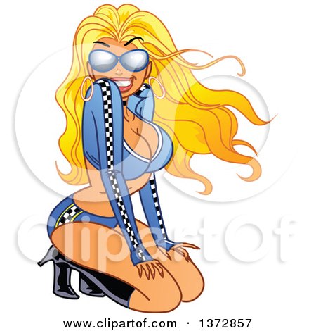 Clipart Of A Sexy Blond White Auto Racer Pinup Woman Kneeling - Royalty Free Vector Illustration by Clip Art Mascots