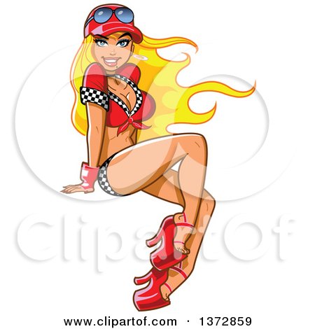 Clipart Of A Sexy Blond White Auto Racer Pinup Woman Sitting - Royalty Free Vector Illustration by Clip Art Mascots