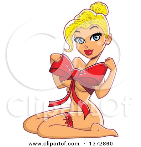 Clipart Of A Sexy Blond White Pinup Woman Wearing a Bow Over Her Chest - Royalty Free Vector Illustration by Clip Art Mascots