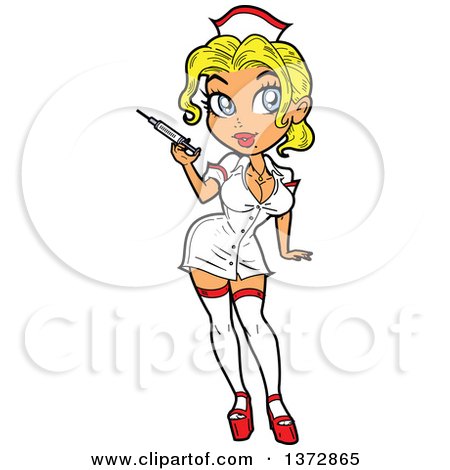 Clipart Of A Sexy Blond White Nurse Pinup Woman Holding a Syringe - Royalty Free Vector Illustration by Clip Art Mascots