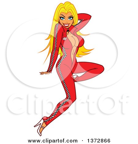 Clipart Of A Sexy Blond White Pinup Woman in a Auto Racing Body Suit - Royalty Free Vector Illustration by Clip Art Mascots