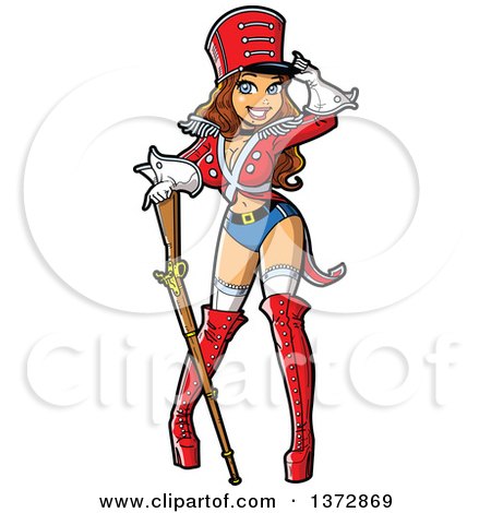 Clipart Of A Sexy Brunette White Toy Soldier Pinup Woman - Royalty Free Vector Illustration by Clip Art Mascots