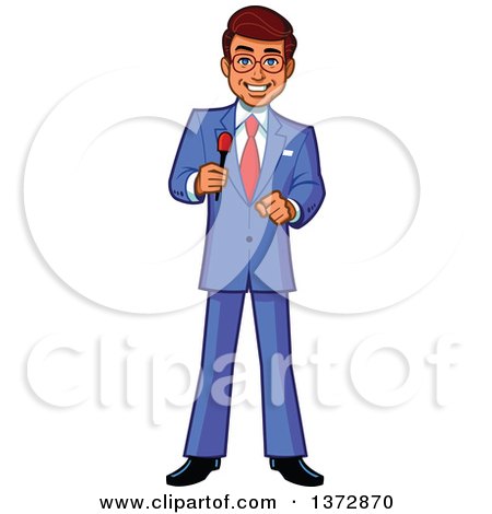 Clipart Of A Happy Brunette White Male Game Show Host Holding a Microphone - Royalty Free Vector Illustration by Clip Art Mascots