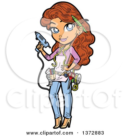 Clipart Of A Brunette White Female Crafty Woman Holding a Glue Gun - Royalty Free Vector Illustration by Clip Art Mascots