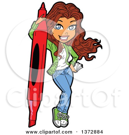 Clipart Of A Brunette White Crafty Woman With a Giant Marker - Royalty Free Vector Illustration by Clip Art Mascots