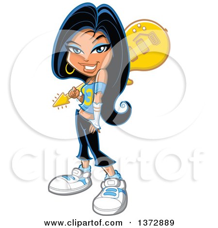 Clipart Of A Sassy Hispanic Woman Holding a Guitar Over Her Shoulder - Royalty Free Vector Illustration by Clip Art Mascots