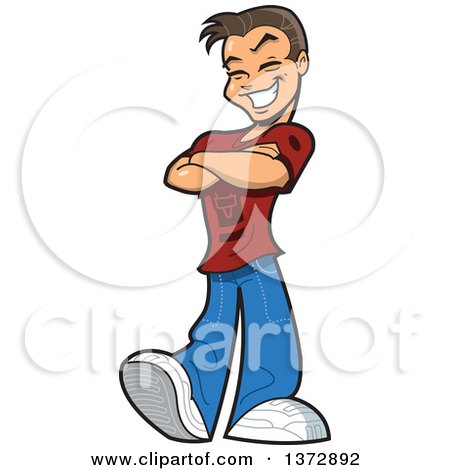 Clipart Of A Happy Brunette White Male Teen Grinning and Standing With Folded Arms - Royalty Free Vector Illustration by Clip Art Mascots
