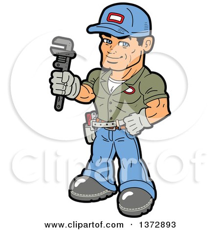 Clipart Of A Happy White Male Handyman Holding a Monkey Wrench - Royalty Free Vector Illustration by Clip Art Mascots