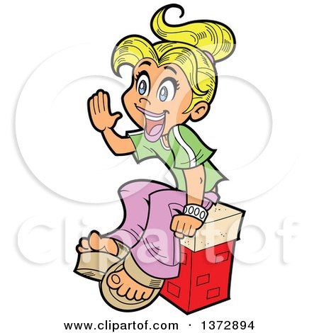 Clipart Of A Happy Blond White Teenage Girl Sitting and Shouting - Royalty Free Vector Illustration by Clip Art Mascots