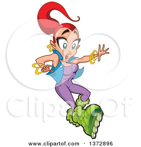 Clipart Of A Shocked Red Haired White Woman Roller Blading - Royalty Free Vector Illustration by Clip Art Mascots