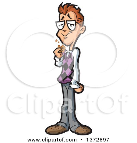 Clipart Of A Brunette White Computer Nerd Guy Eating a Cookie - Royalty Free Vector Illustration by Clip Art Mascots
