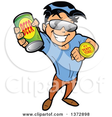 Clipart Of A Hispanic Man Holding up a Beer Can and Ready to Party - Royalty Free Vector Illustration by Clip Art Mascots