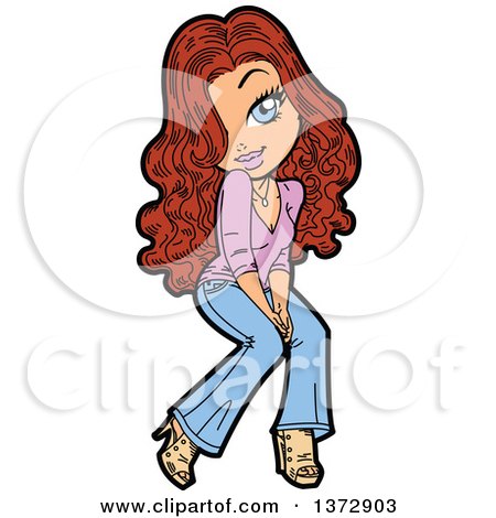 Clipart Of A Prety Brunette White Woman Being Shy - Royalty Free Vector Illustration by Clip Art Mascots