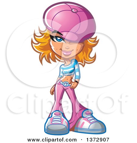 Clipart Of A Stylish Blond White Urban Girl Wearing a Pink Hat - Royalty Free Vector Illustration by Clip Art Mascots