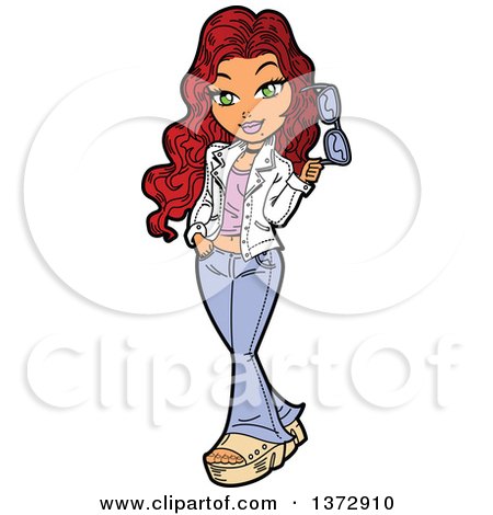 Clipart Of A Red Haired White Woman Walking and Holding Sunglasses - Royalty Free Vector Illustration by Clip Art Mascots